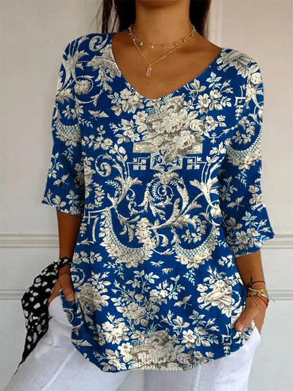 Women’s Elegant Retro Floral Print V-Neck Top | High-Sense Casual Long Sleeve Blouse | Trendy Minimalist Vintage-Style Top | Luxury-Label Statuesque Spring Wear | 2026 High-Fashion Radiant Urban Essential