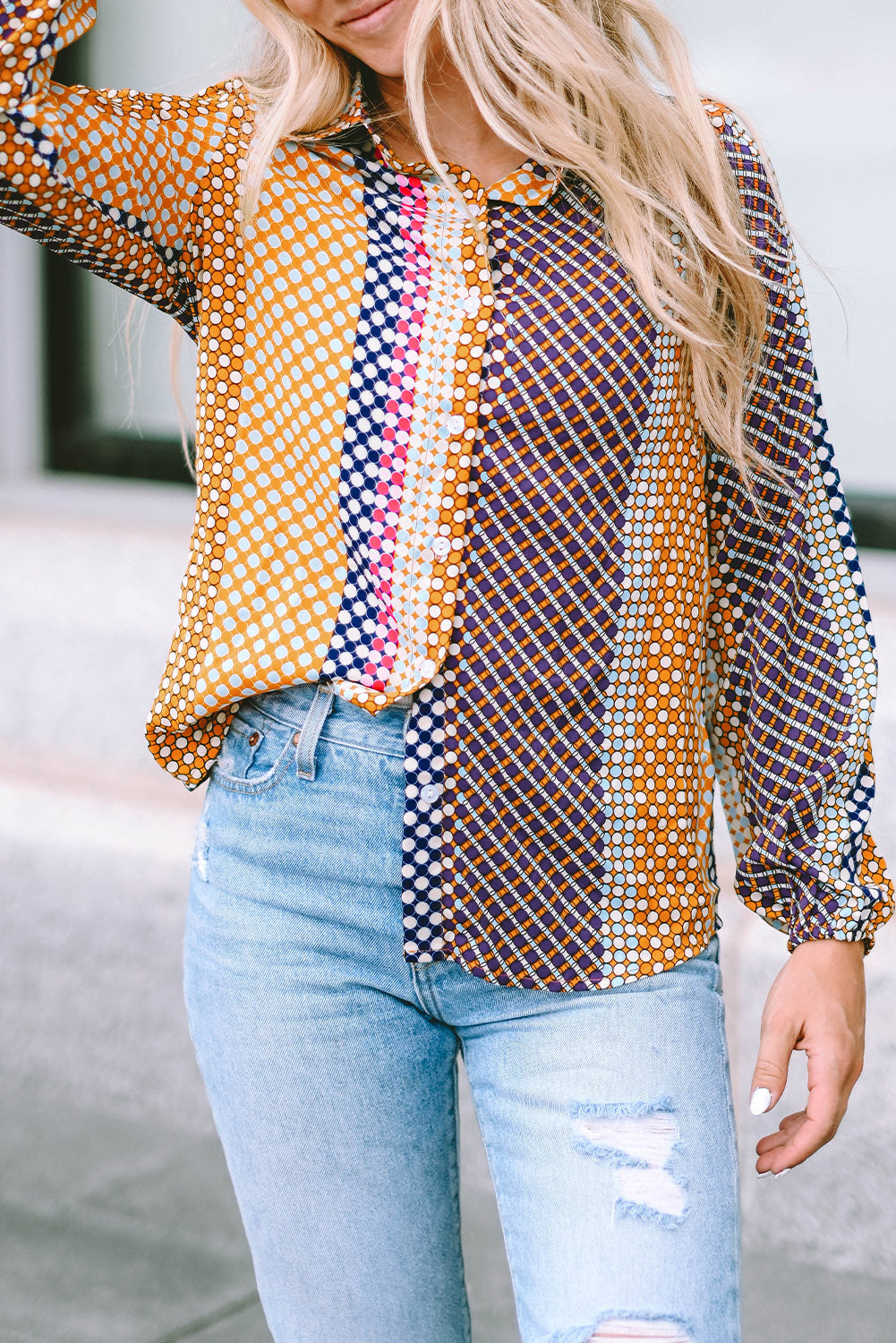 Threaded Pear Brown Dot Print Long Sleeve Button Down Shift PLUS Shirt