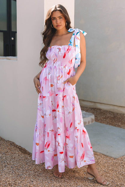 Threaded Pear Flora Floral Knotted Shoulder Smocked Maxi Dress