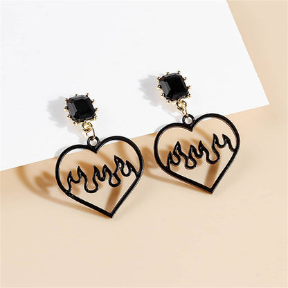 Black Crystal & Goldtone Flame Heart Drop Earrings