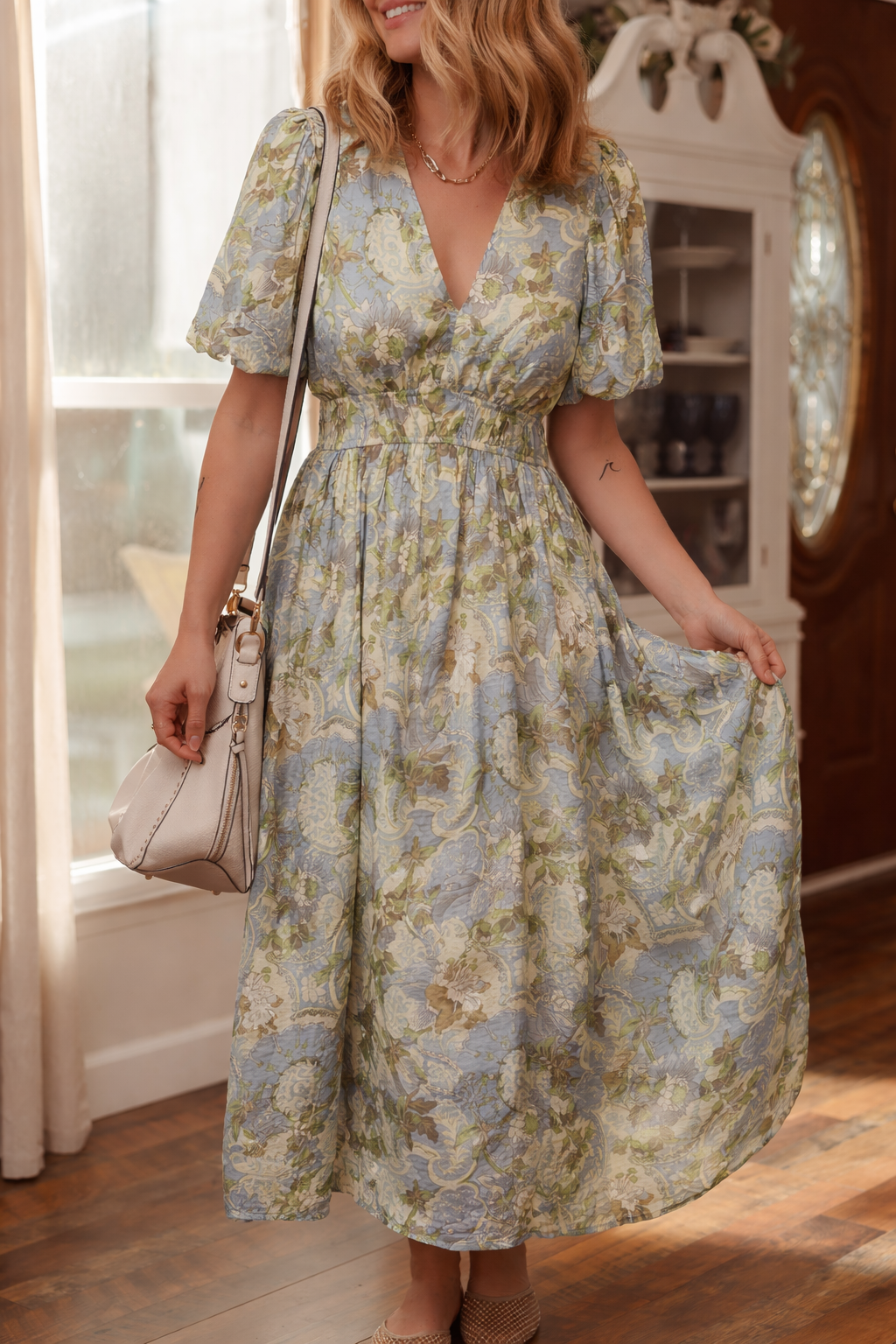 Threaded Pear Nora Puff Sleeve Long Dress