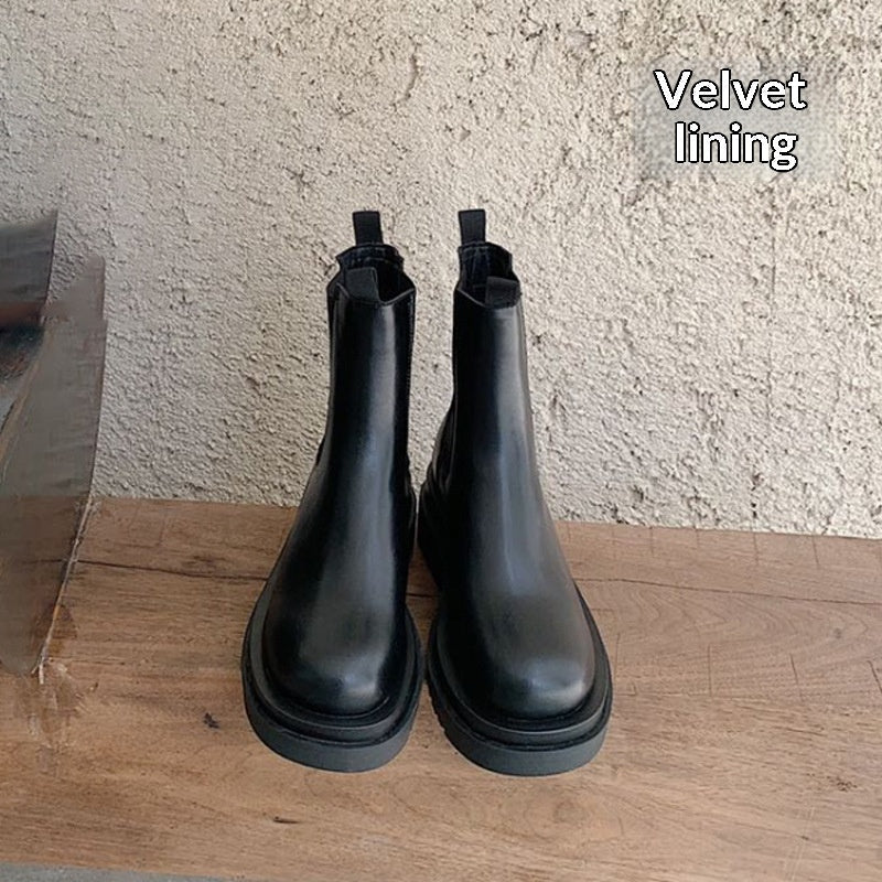 Women’s British-Style Mid-Calf Thick-Soled Leather Boots