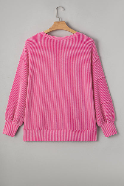 Threaded Pear Bonbon Spiral Ribbed Exposed Seam Detail Plus Size Long Sleeve Top