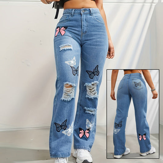 Women’s High-Waisted Butterfly Print Straight Leg Jeans | High-Sense Ripped Distressed Denim | Trendy Minimalist Butterfly Motif Pants | Luxury-Label Statuesque Radiant Urban Wear | 2026 High-Fashion Botanical-Luxe Essential
