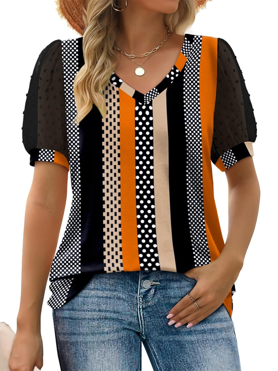 HOT SALE Women's Printed V Neck Swiss Dot Puff Sleeve Loose Casual T-Shirt