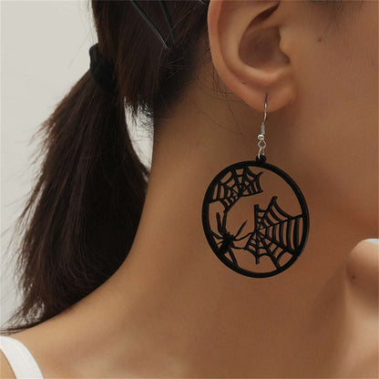 Black Acrylic & Silvertone Spider Web Round Drop Earrings
