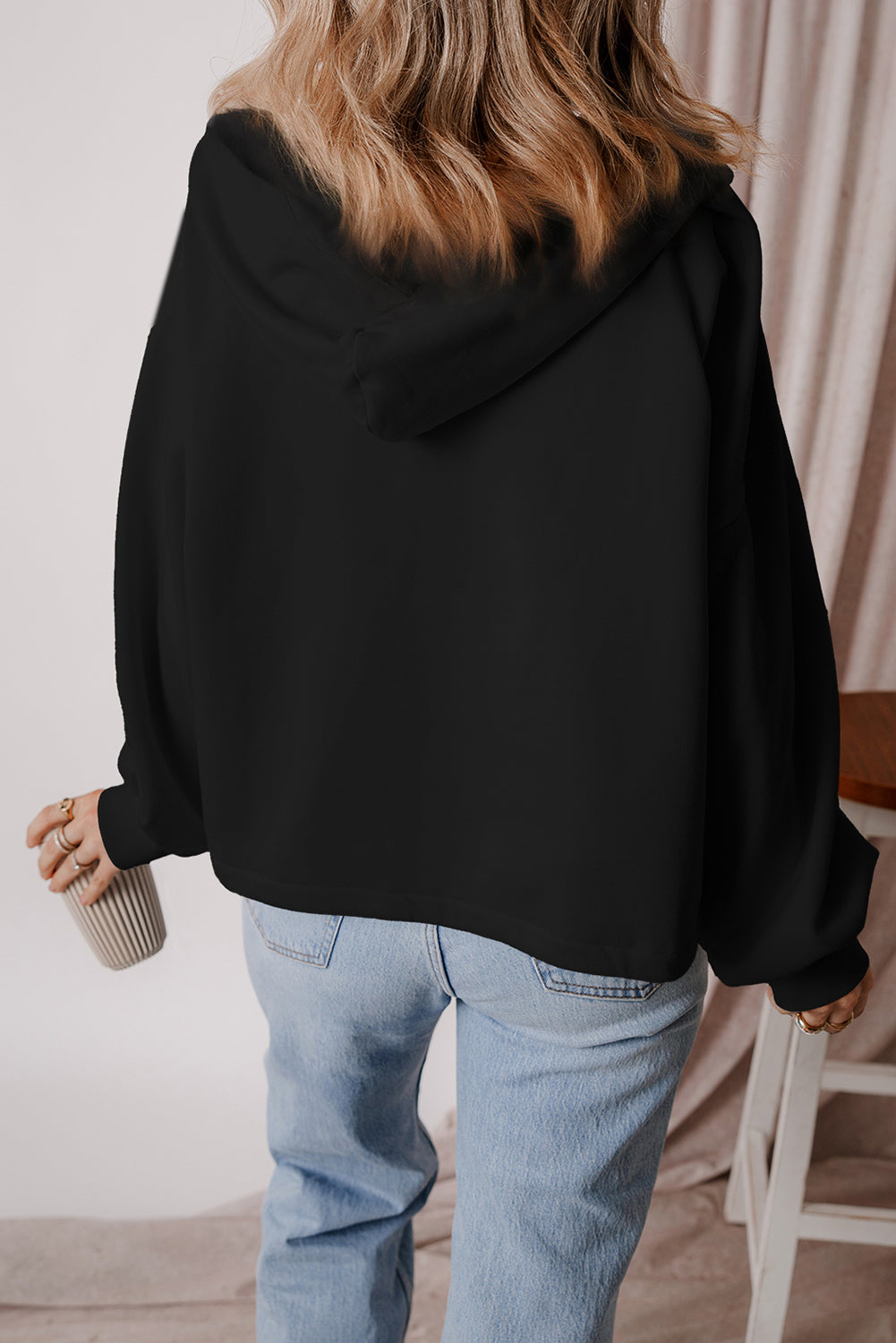 Threaded Pear Kate Fleece Lined Half Zipper Kangaroo Pockets Loose Hoodie