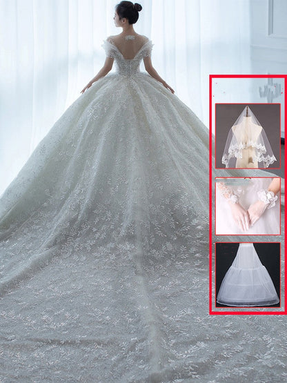Off-Shoulder French Main Wedding Dress | High-Sense Heavy Industry Embroidery Bridal Gown | Trendy Minimalist Luxury Cathedral Tail Wedding Dress | Luxury-Label Statuesque Princess Gown | 2026 High-Fashion Radiant Bridal Wear