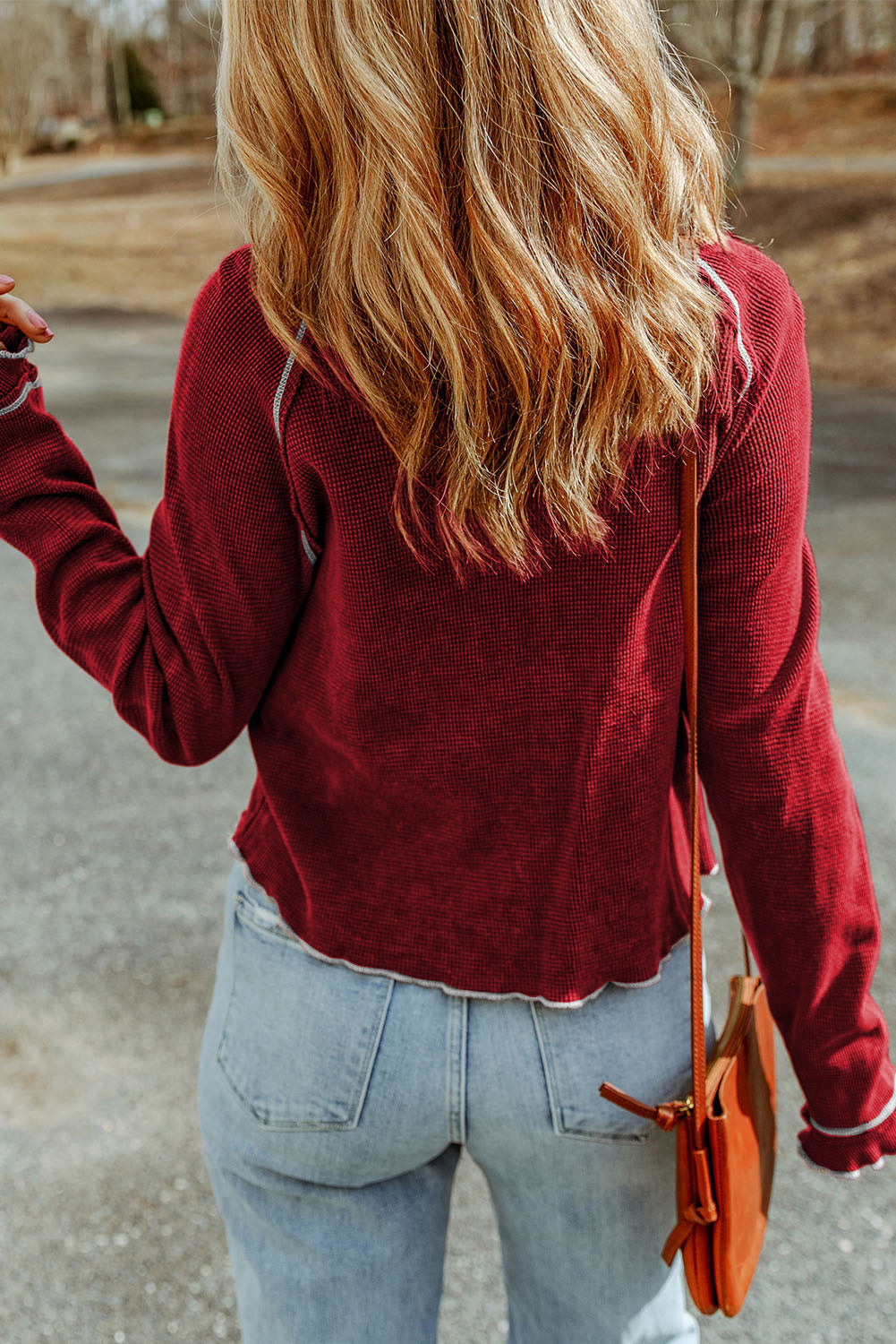 Threaded Pear Daisy Textured Round Neck Long Sleeve Top