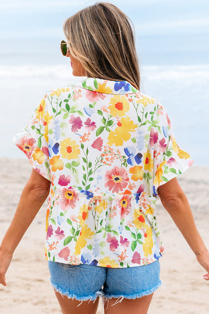 Threaded Pear Liberty Floral Boxy Fit Ruffled Short Sleeve V Neck Blouse