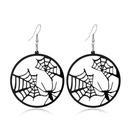 Black Acrylic & Silvertone Spider Web Round Drop Earrings