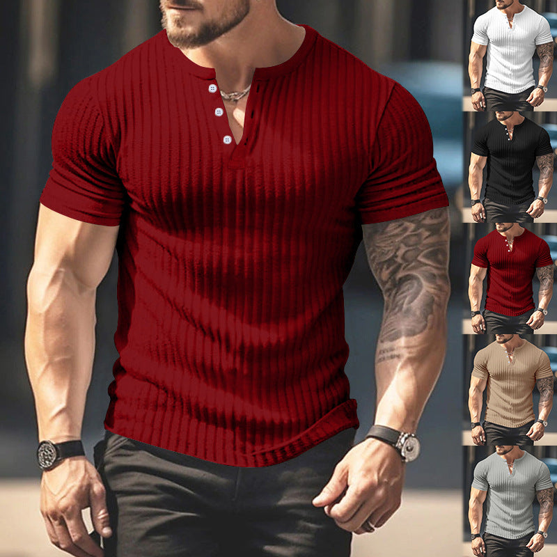 Men's Casual Short Sleeve  T-shirt Summer Sunken Stripe V-neck Slim Fit Henley Shirts Basic Tops