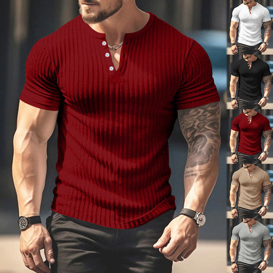 Men's Casual Short Sleeve  T-shirt Summer Sunken Stripe V-neck Slim Fit Henley Shirts Basic Tops