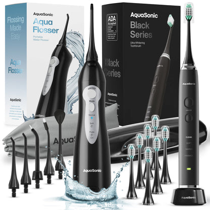 Aquasonic Black Series Toothbrush + Black Aquaflosser Bundle