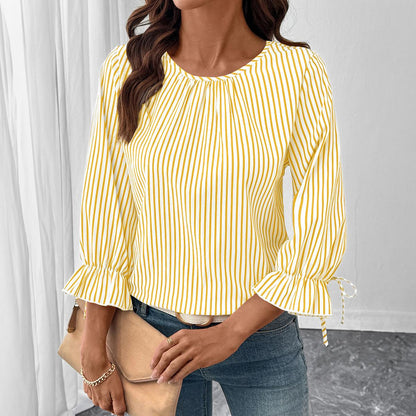 Women's Striped Round Neck Blouse with Ruffle Cuffs