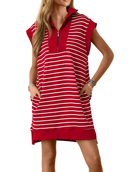 Women's Striped Casual Zipper Cap Sleeve Mini Dress