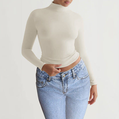 Women’s Y2K Slim Fit Turtleneck T-Shirt | Elegant Long Sleeve Mock Neck Pullover | Casual Tight-Fit Basic Top | Modern Minimalist Streetwear Pullover for Women | 2026 Trend Essential