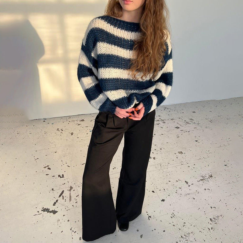 Women’s Loose Striped Pullover Sweater | High-Sense Versatile Knitted Top | Trendy Minimalist Long-Sleeve Stripe Jumper | Luxury-Label Statuesque Radiant Knitwear | 2026 High-Fashion Emerald-Luxe Essential