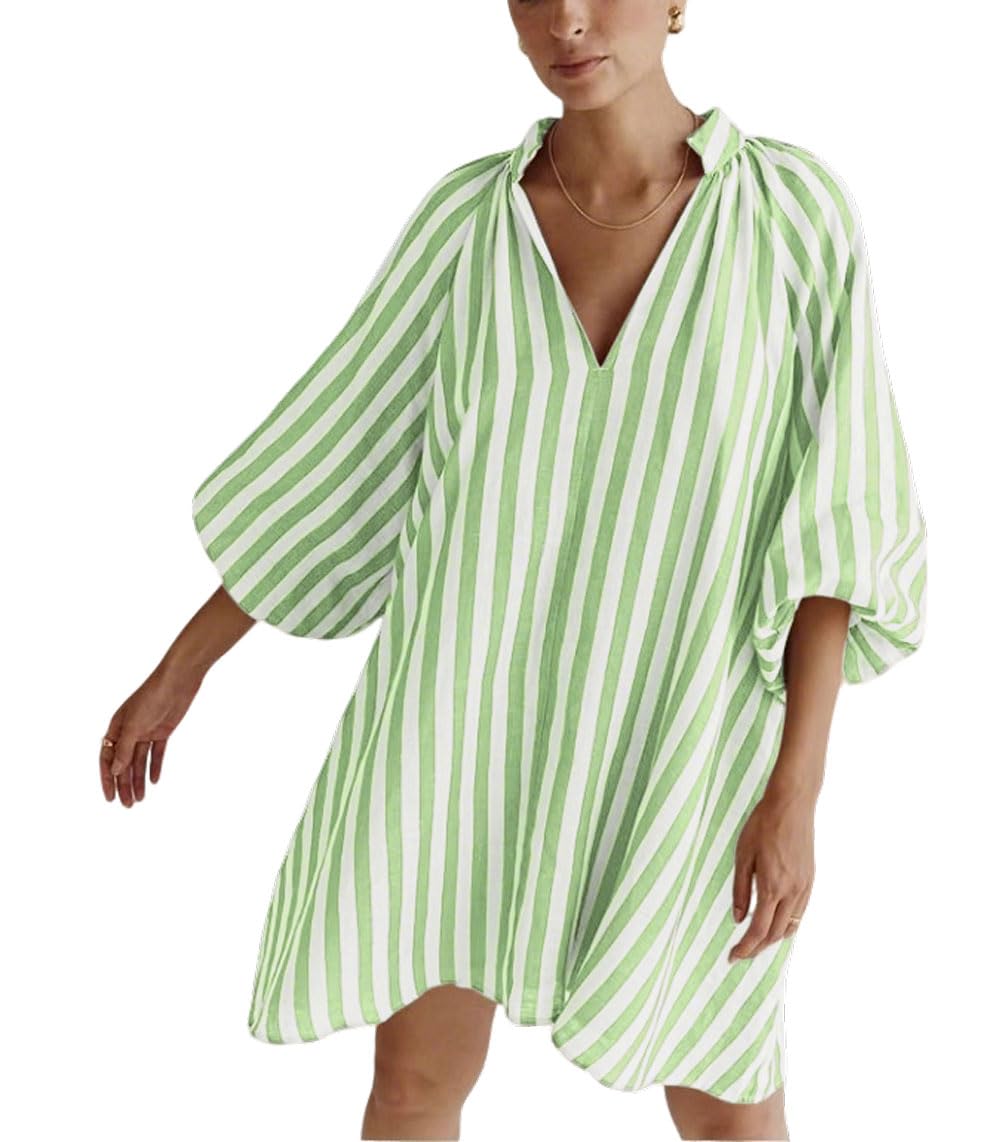 Women Mini Dress Summer Striped Beach Vacation 3/4 Sleeve Boho Chic Dress