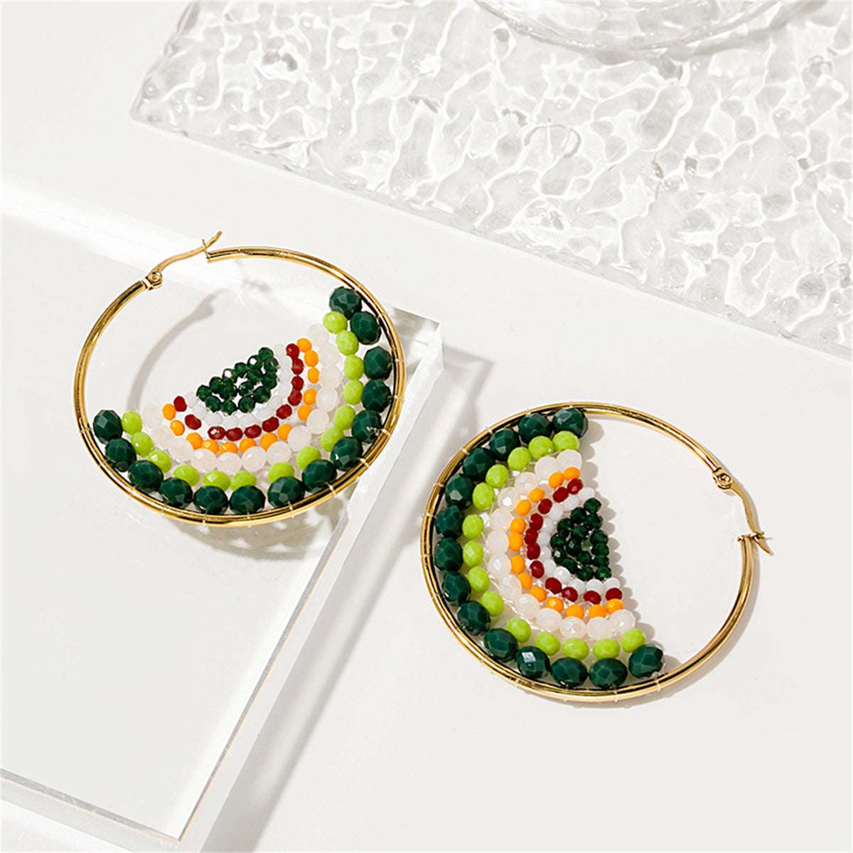 Green Acrylic & Goldtone Melon Drop Earrings