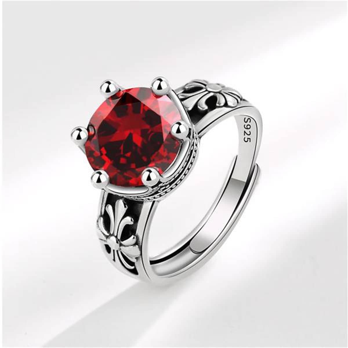 Red Crystal & Silvertone Floral Adjustable Ring