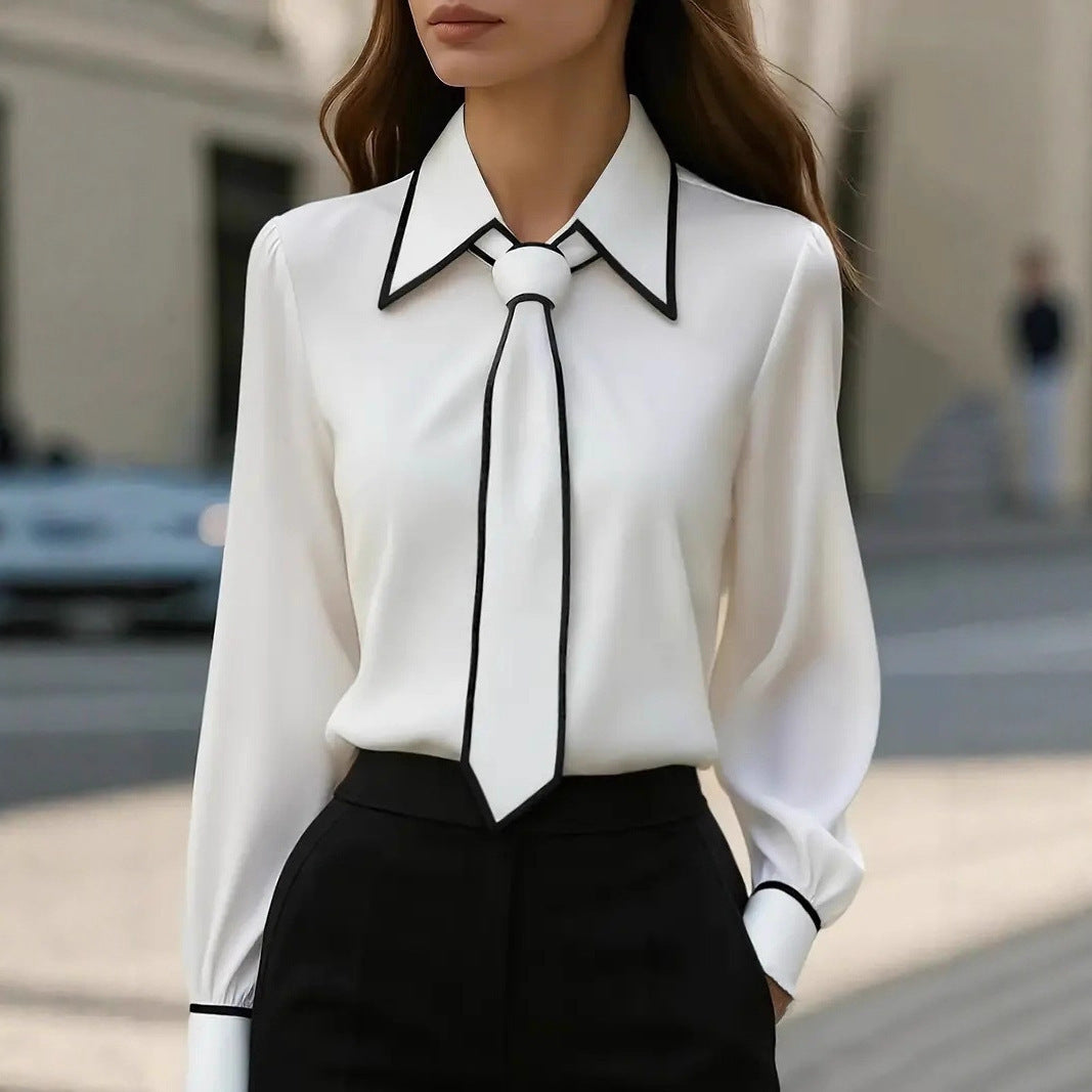 Women’s Autumn Tie-Neck Commute Shirt | Solid Color Long Sleeve Professional Blouse | Modern Office Wear Formal Top | Elegant Tie-Design Fashion Shirt