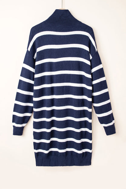 Threaded Pear Iris Striped Zip Collared Loose Sweater Mini Dress