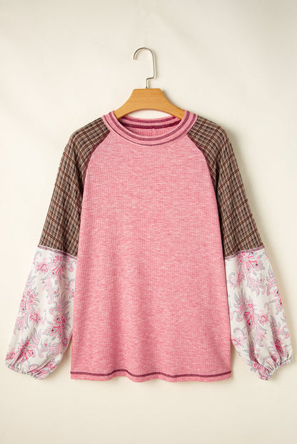 Threaded Pear Elena Raglan Sleeve Ribbed Knit Patchwork Blouse