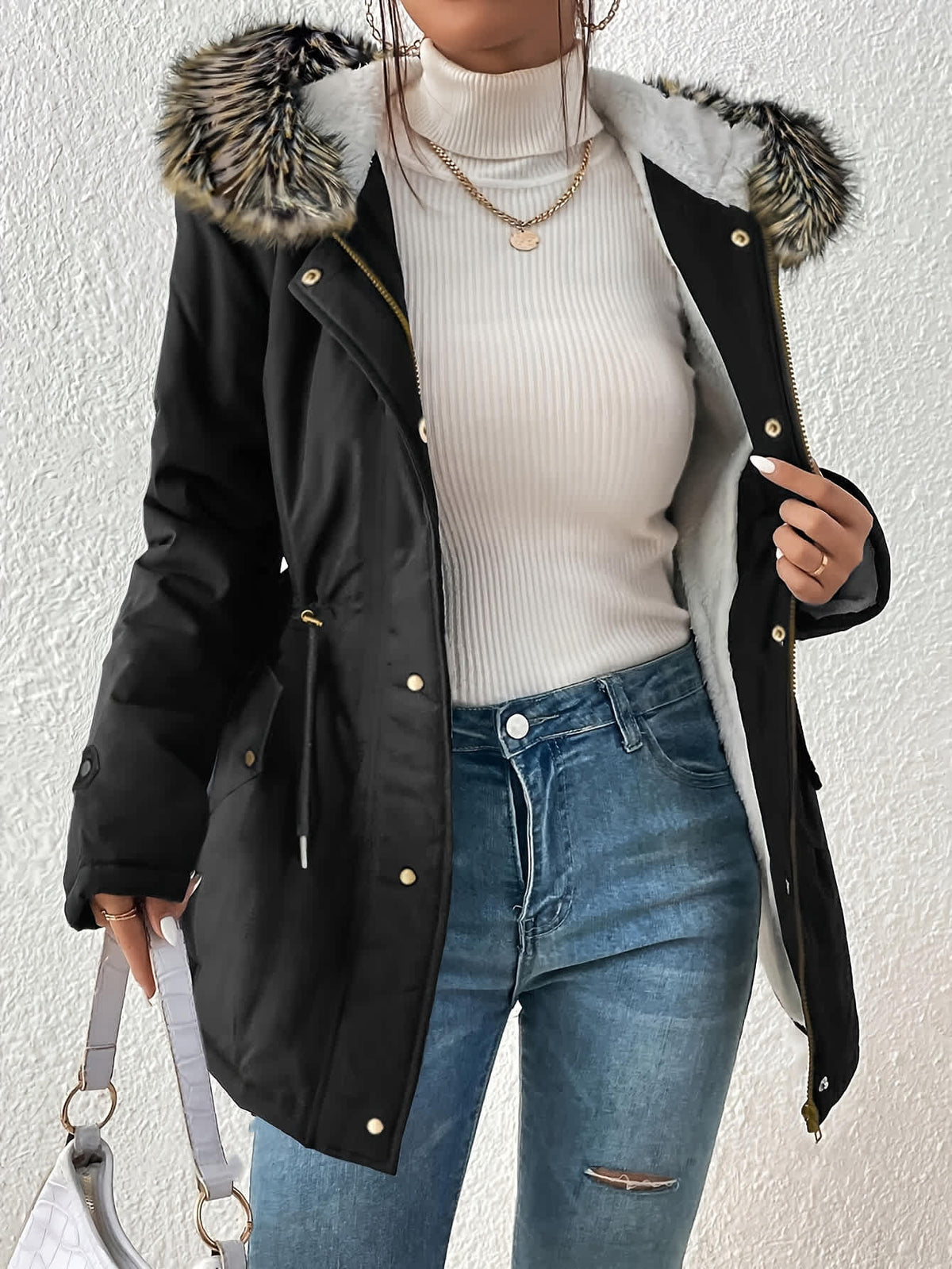 Chic YC Women's Winter Parka Coat Fleece Lined Military Jacket Women Faux Fur Hooded Coat