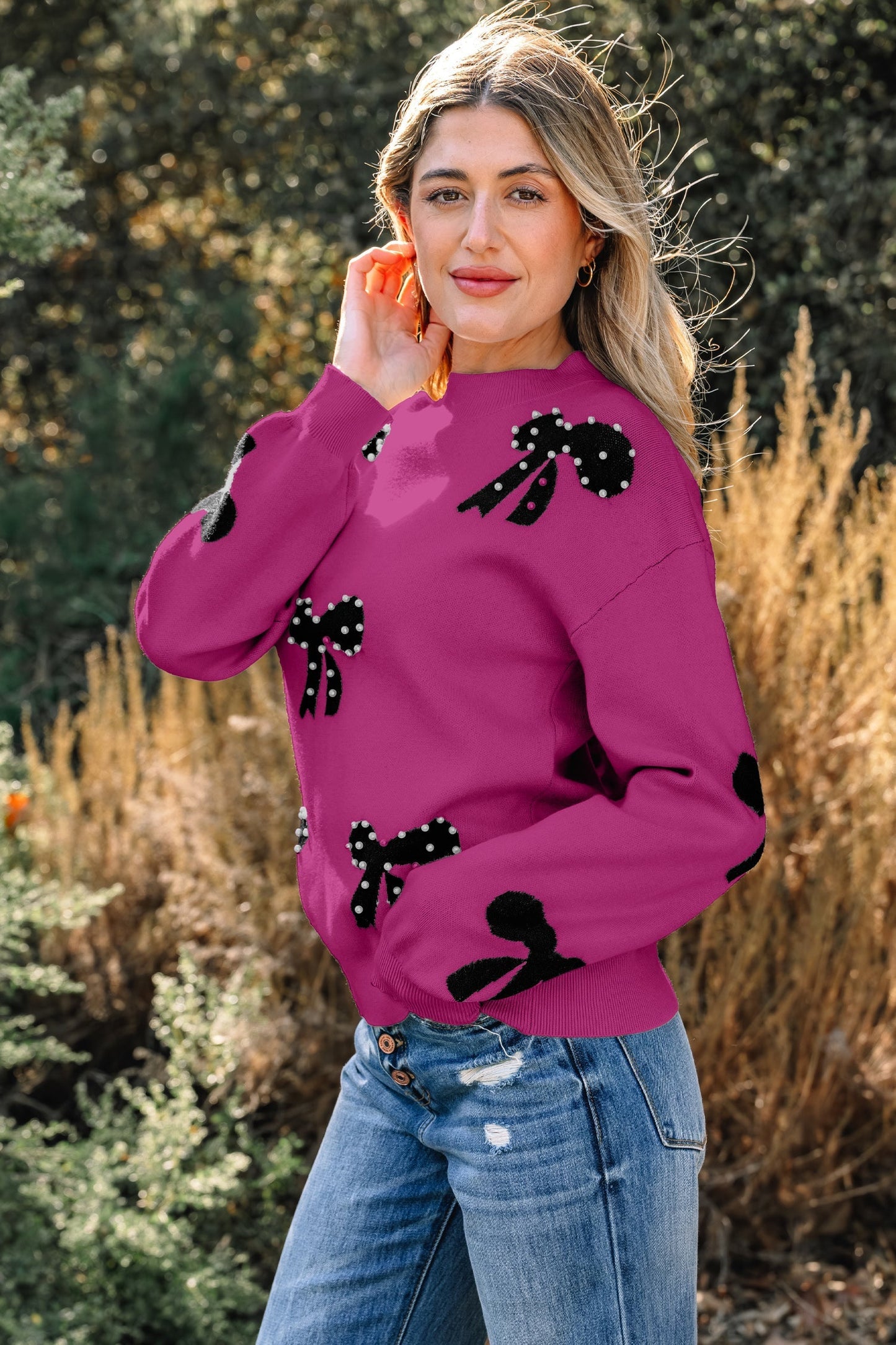 Threaded Pear Lucy Bow Pattern Loose Sweater