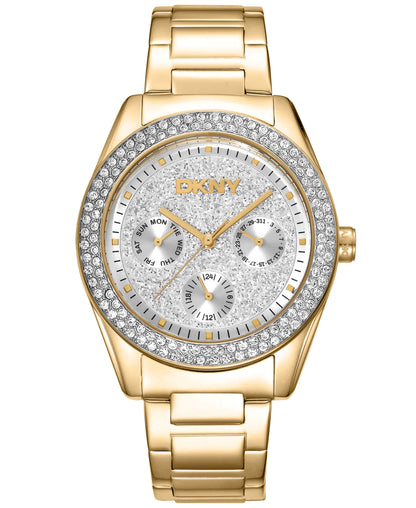 Dkny Women Watch, Gold Color Case, Silver Powder Dial, Gold Color Metal Bracelet, Multi-Function, 5 Atm