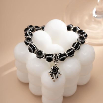 Black Acrylic & Silvertone Evil Eye Hamsa Charm Bracelet