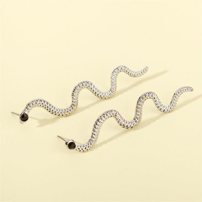 Cubic Zirconia & Silvertone Snake Dangle Earrings