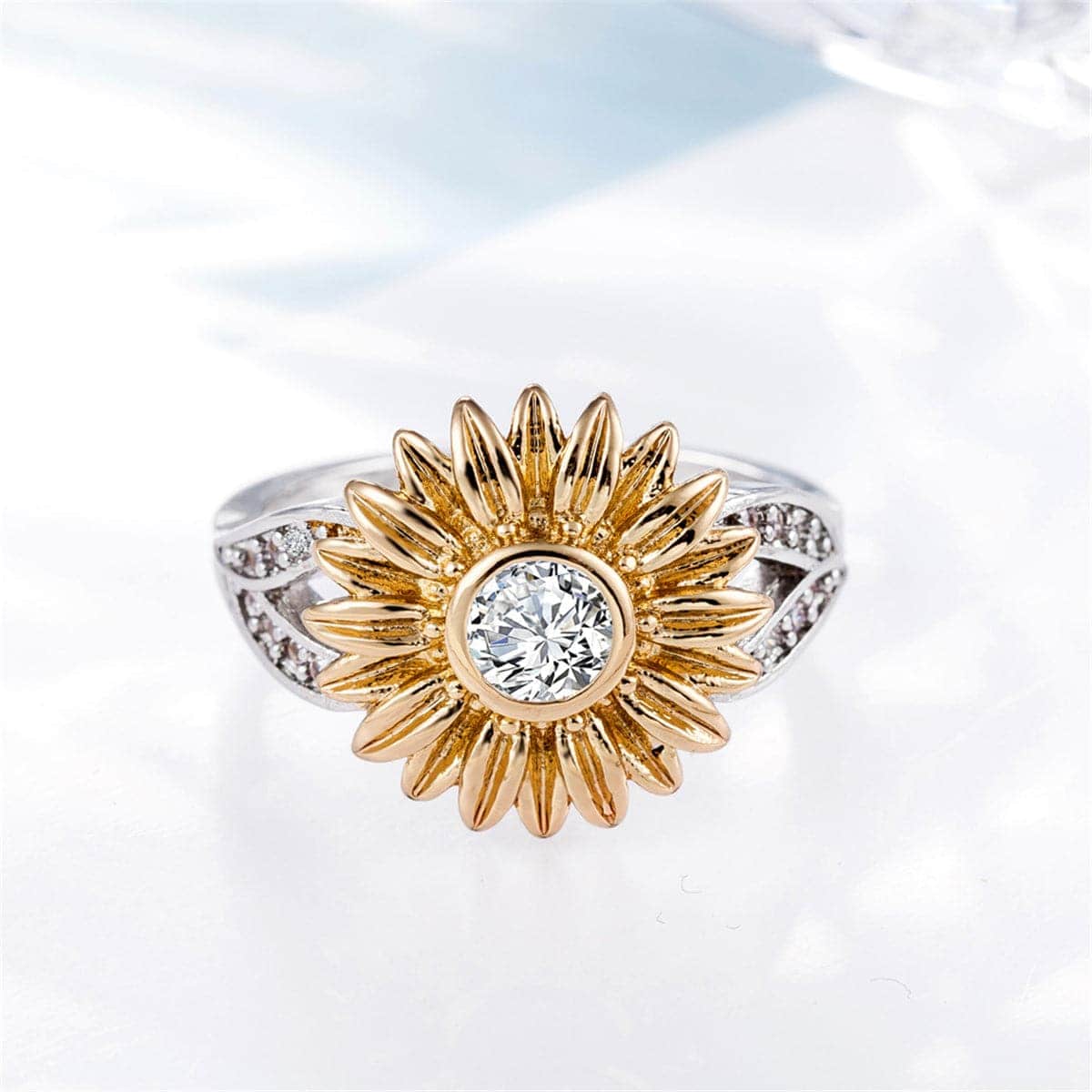 Cubic Zirconia & Two-Tone Sunflower Band Ring