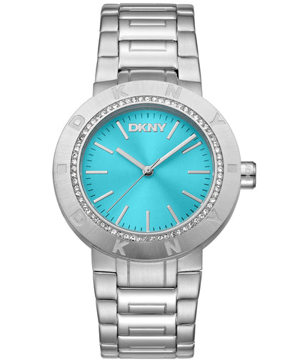 Dkny Women Watch, Silver Color Case, Blue Dial, Stainless Steel Metal Bracelet, 3 Hands, 5 Atm