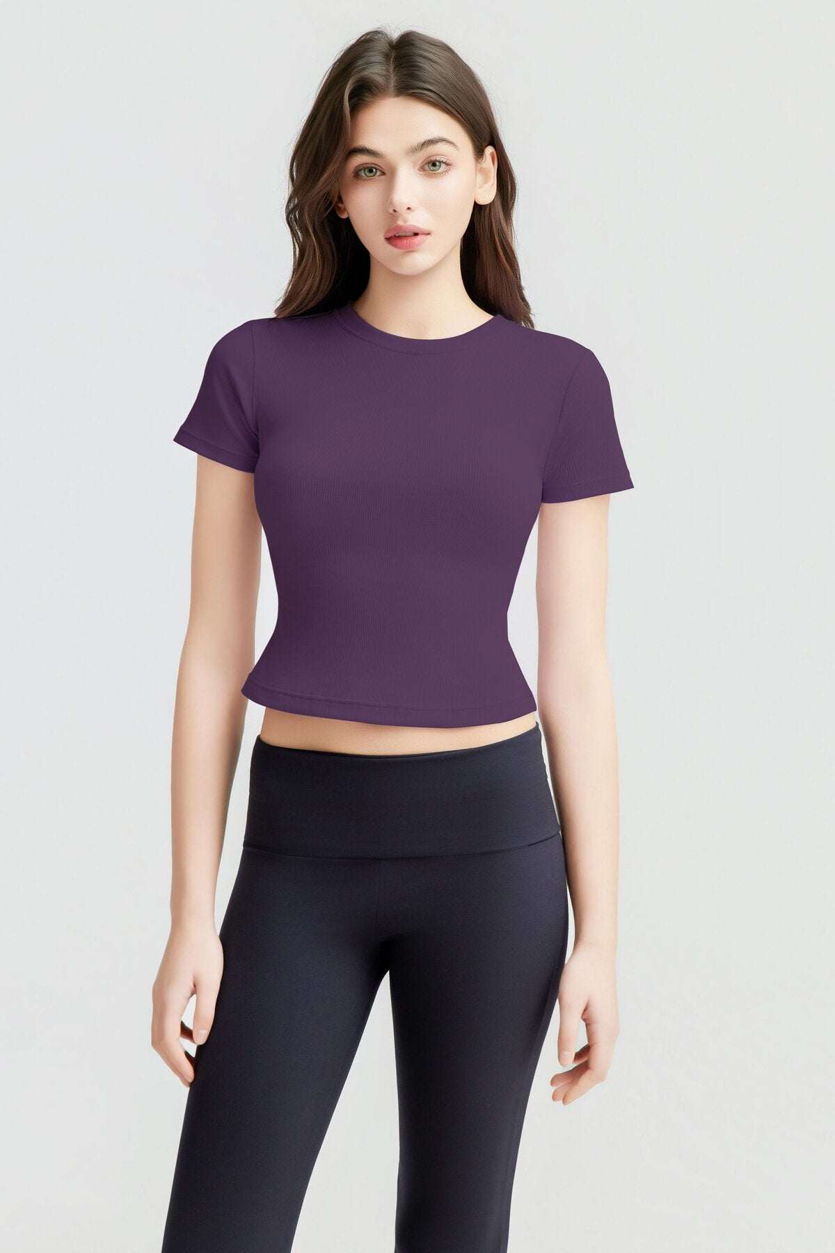 Ribbed Short Sleeve Built-In Padded Bra Crop Top