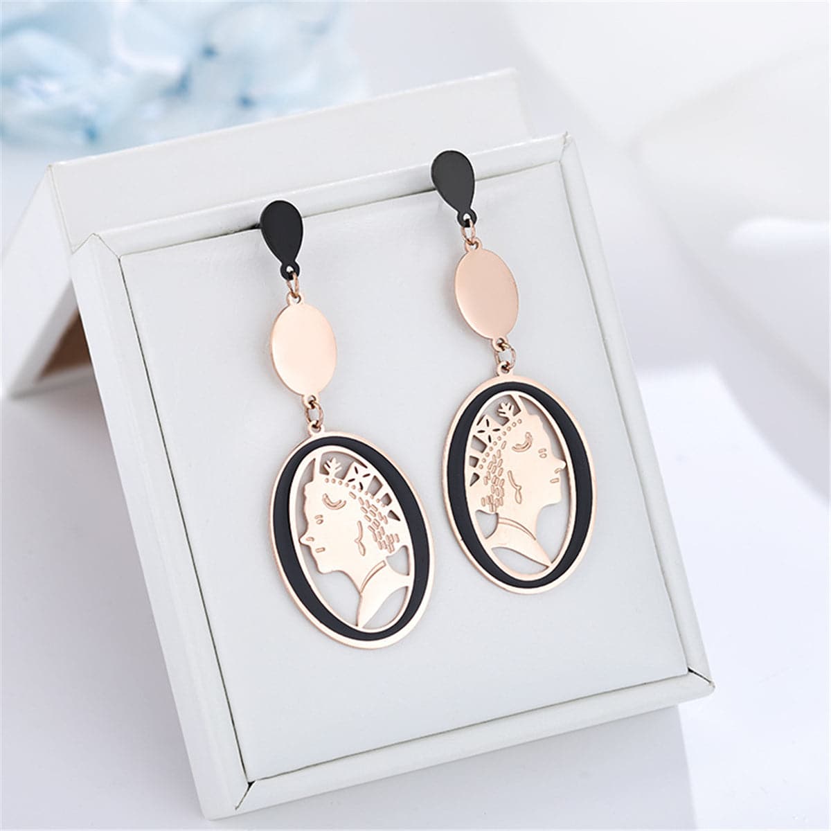 Black Acrylic & Rose Goldtone Queen Cameo Drop Earrings