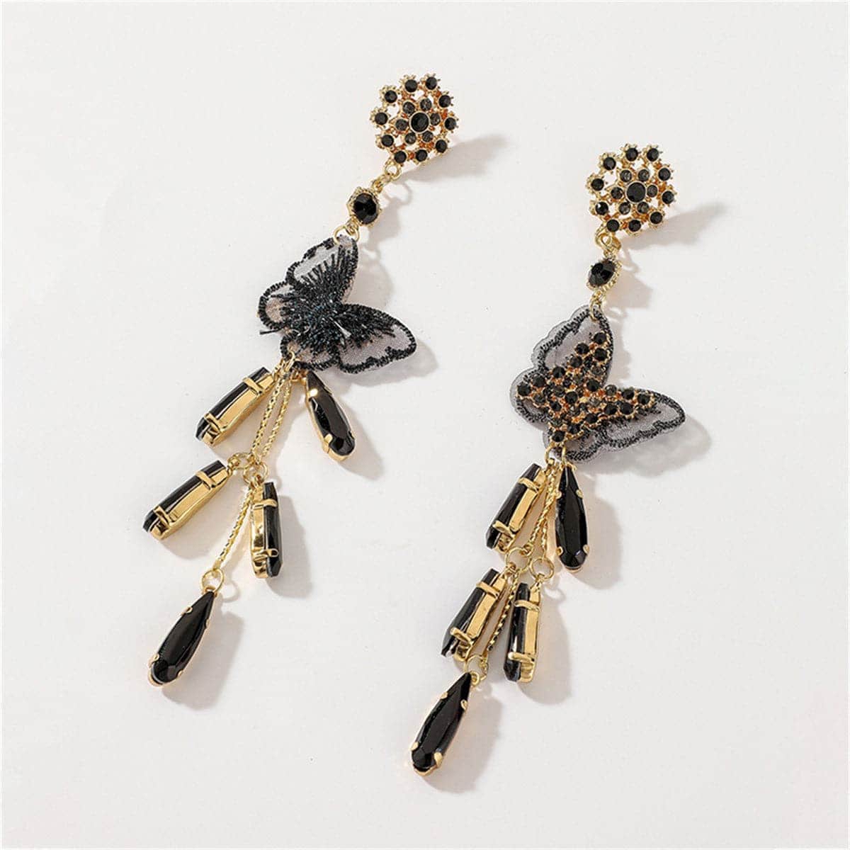 Black Cubic Zirconia & Black Crystal Butterfly Tassel Drop Earrings