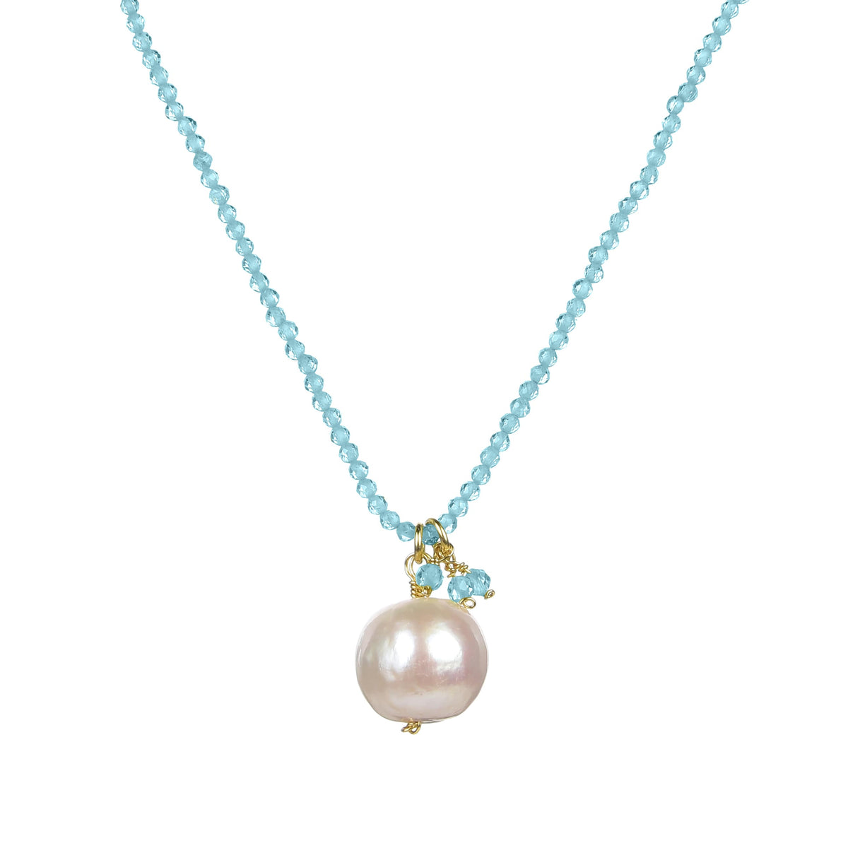 12MM Freshwater Pearl and Natural Aquamarine Necklace 18K Plated Sterling Silver