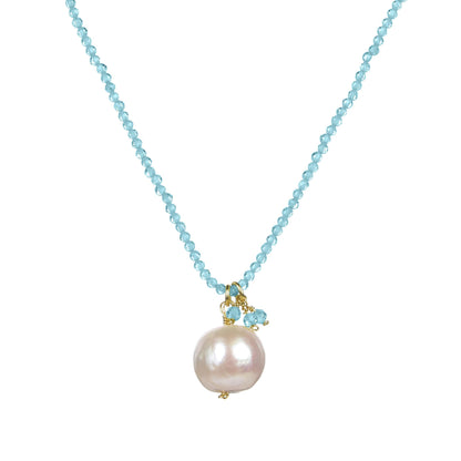 12MM Freshwater Pearl and Natural Aquamarine Necklace 18K Plated Sterling Silver