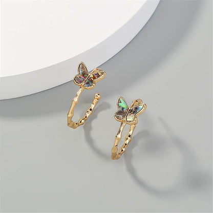 Abalone & Goldtone Bamboo Butterfly Open Hoop Earrings