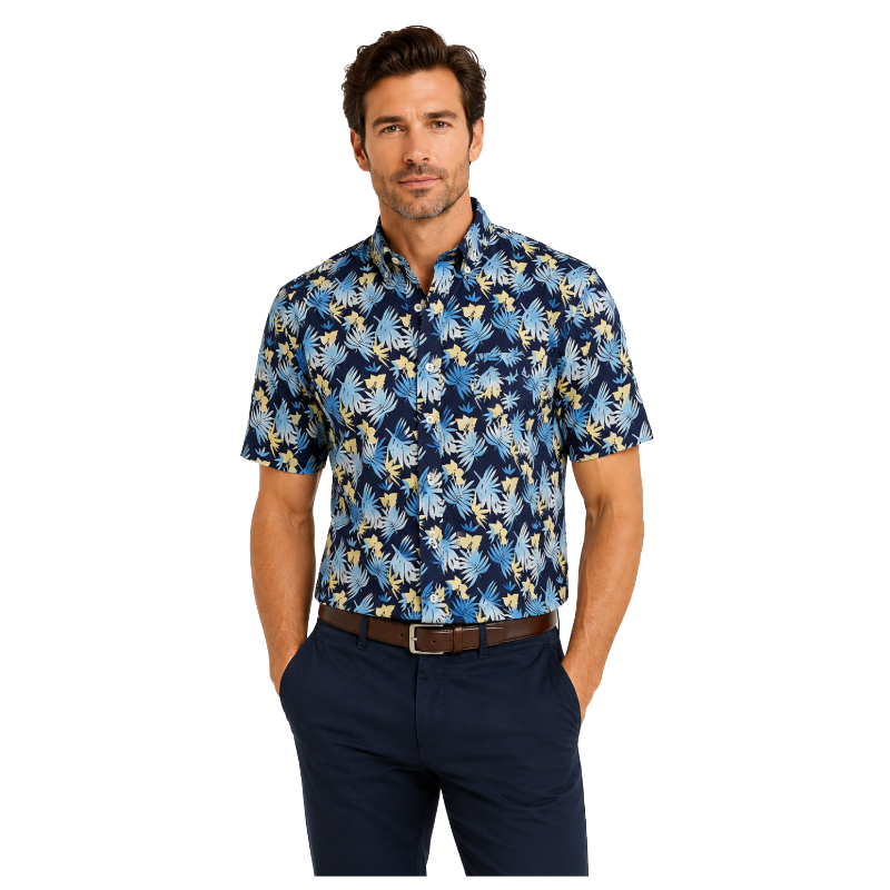 Fynch Hatton Men's Linen Tropical Print Shirt Navy