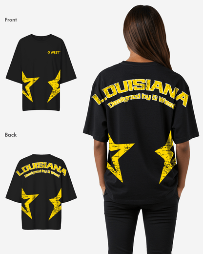 G West Womens Oversized Louisiana Arch Logo Black Tee