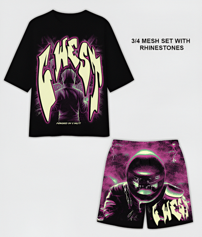 G West Rhinestone Man in Glow 3/4 Sleeves Mesh Short Set