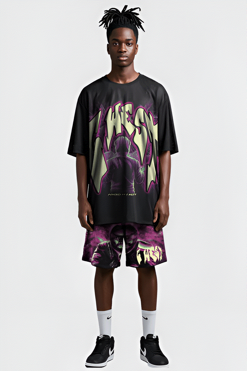 G West Rhinestone Man in Glow 3/4 Sleeves Mesh Short Set