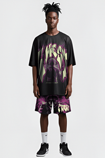 G West Rhinestone Man in Glow 3/4 Sleeves Mesh Short Set