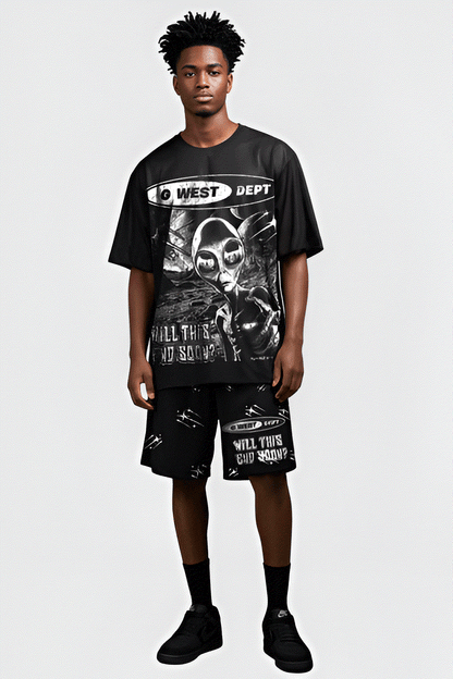 G West Rhinstone Not My Earth 3/4 Sleeves Mesh Short Set