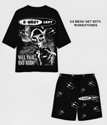 G West Rhinstone Not My Earth 3/4 Sleeves Mesh Short Set