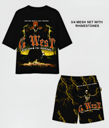 G West Rhinstone Rise From the Shadow 3/4 Sleeves Mesh Short Set