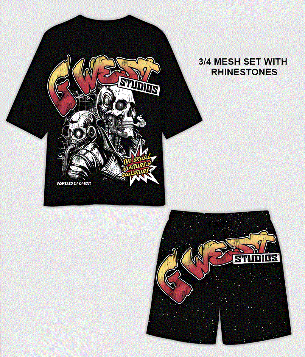 G West Rhinstone Skull Tech 3/4 Sleeves Mesh Short Set